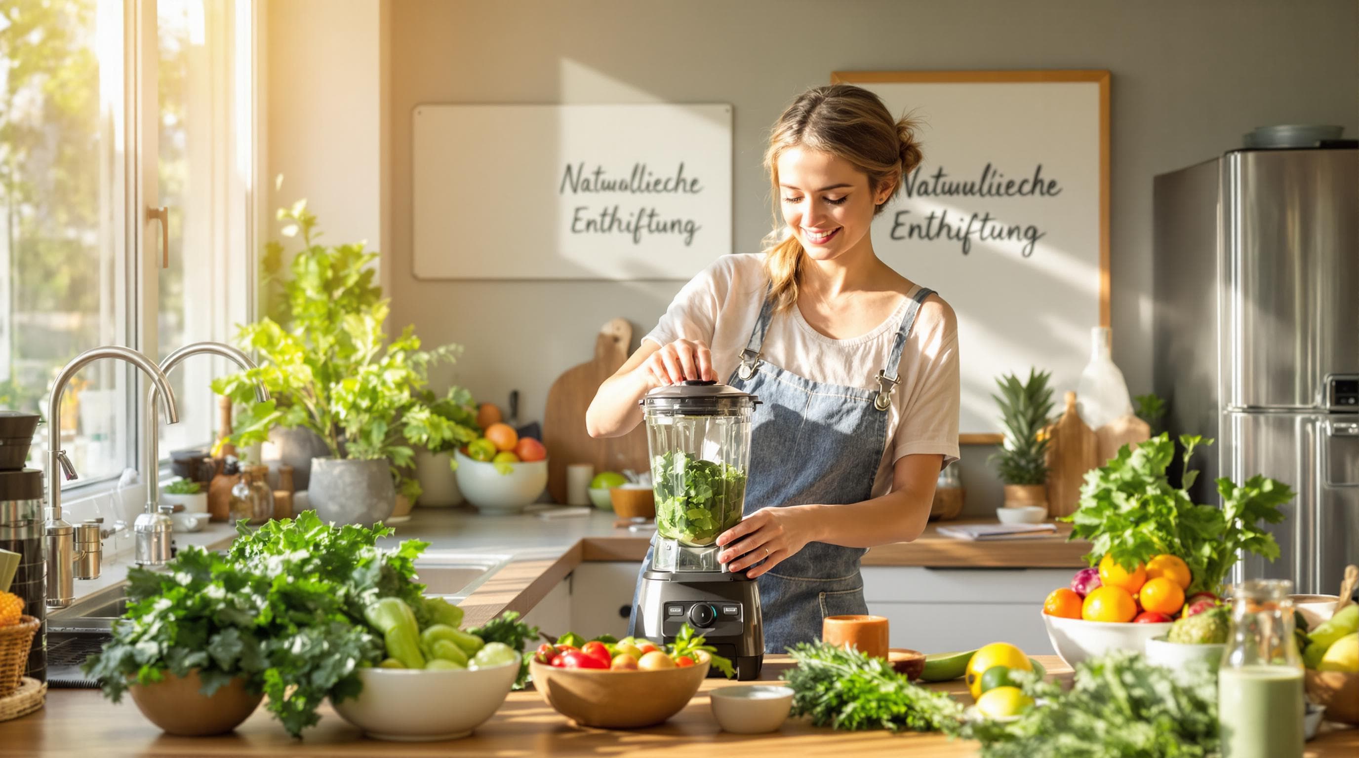 Person making detox smoothie in bright kitchen with 'Natürliche Entgiftung' written nearby