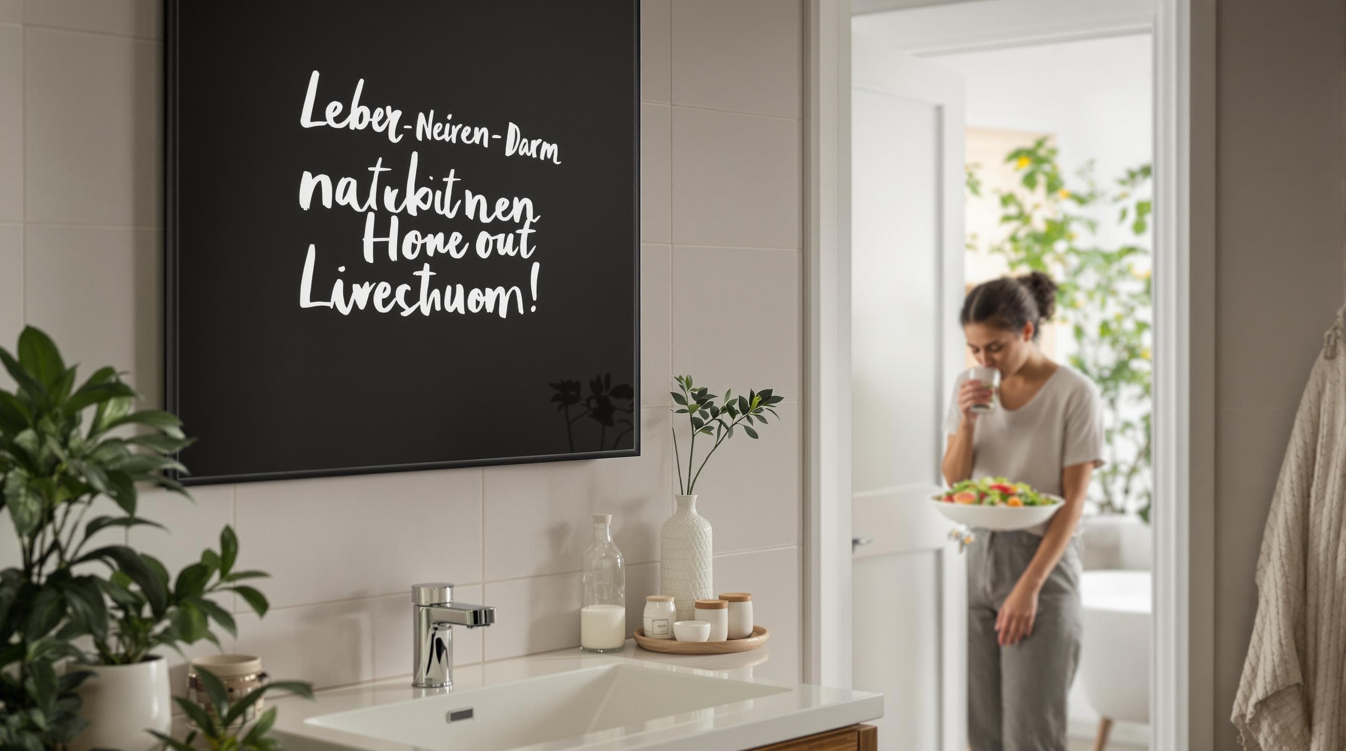 Adults drinking water and eating salad with 'Leber – Nieren – Darm' written on mirror