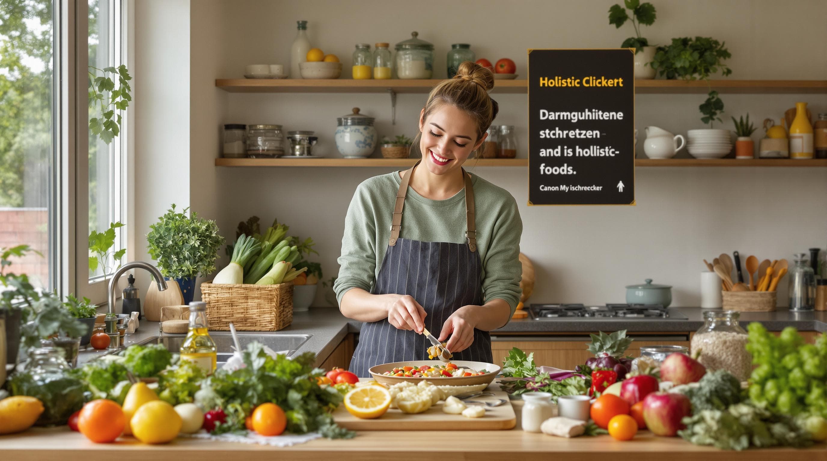 Healthy kitchen scene with vegetables, fermented foods and Darmgesundheit poster