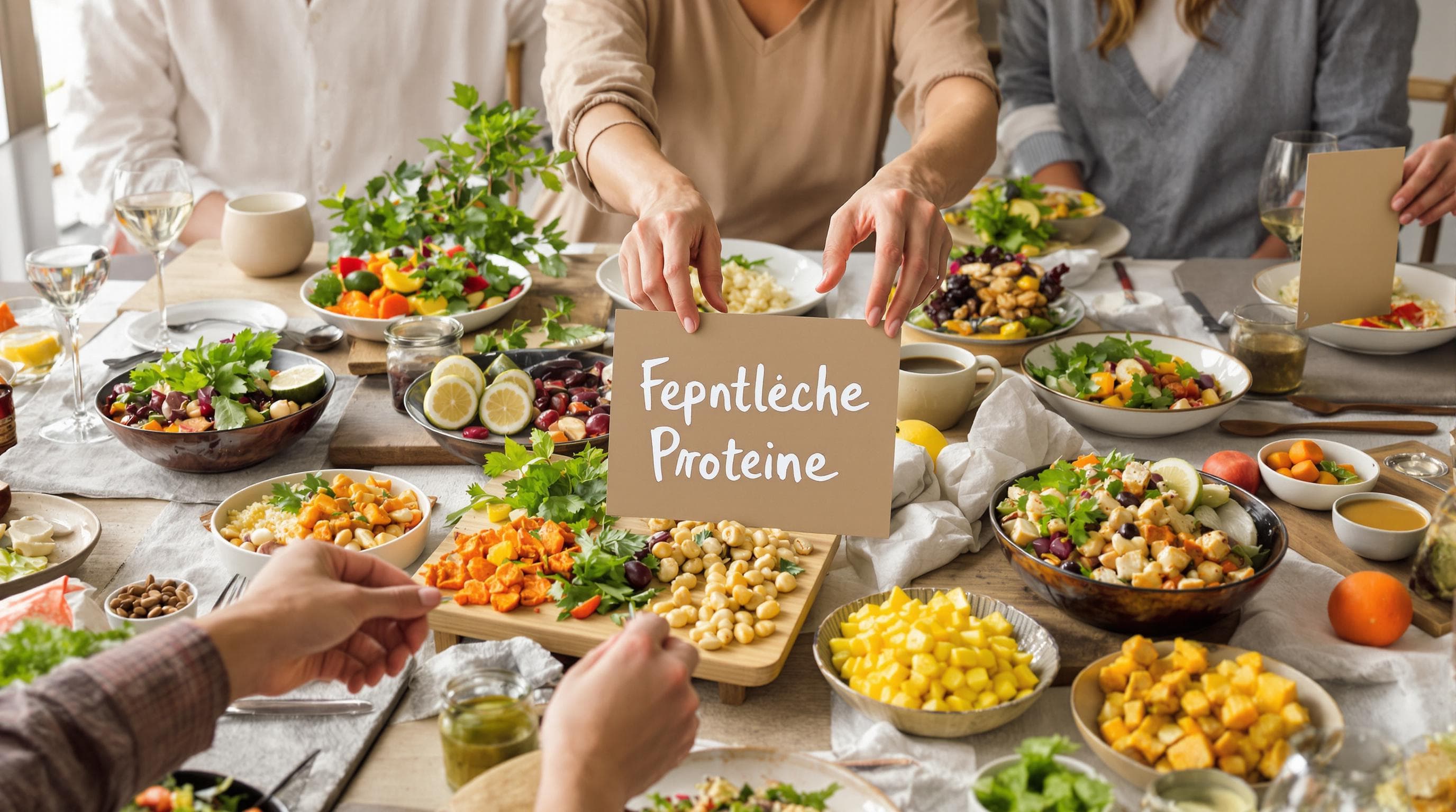 Group sharing vegan protein dishes with table sign reading Pflanzliche Proteine