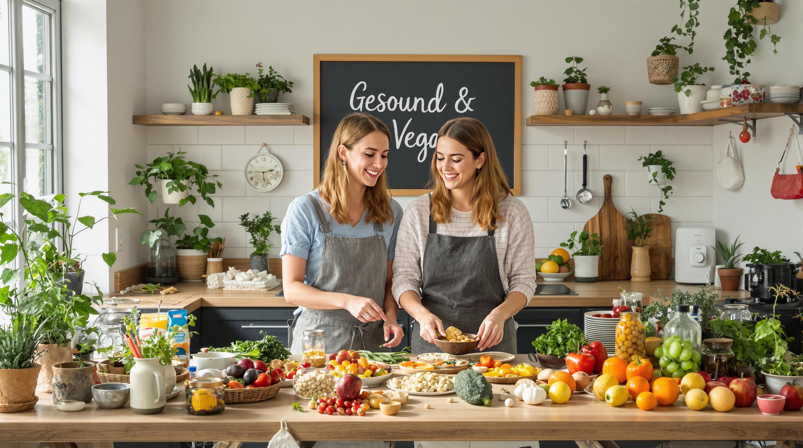 Two people preparing vegan meal in sunlit kitchen with chalkboard reading Gesund & Vegan