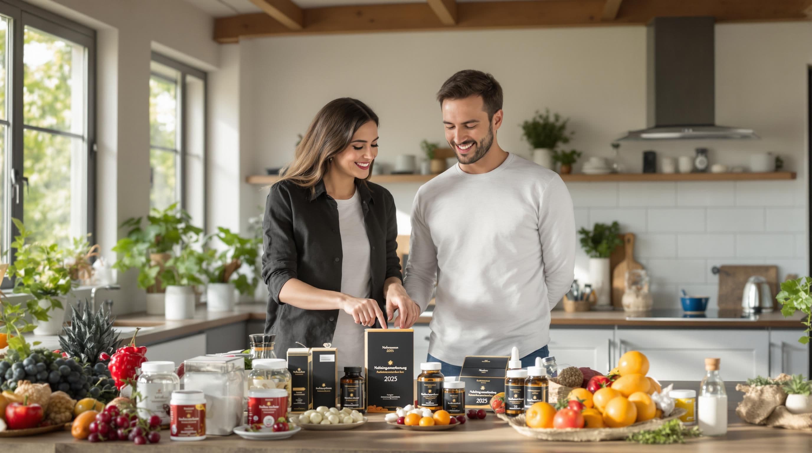 Couple examines supplements in kitchen beside label Nahrungsergänzung 2025