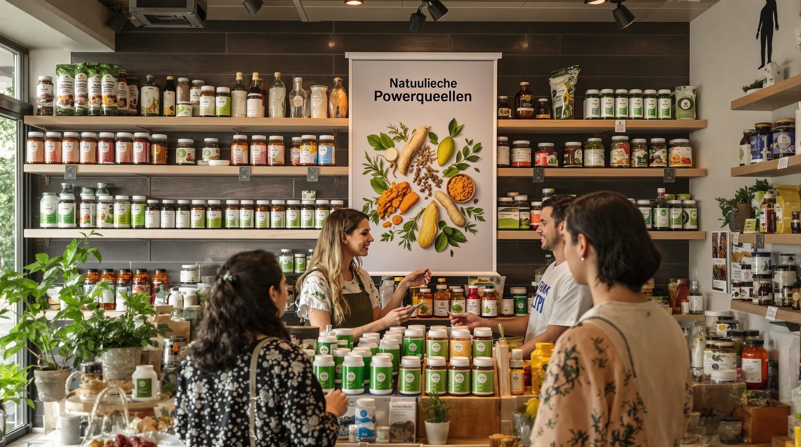 Natural food store with herbal supplements, poster reads Natürliche Powerquellen