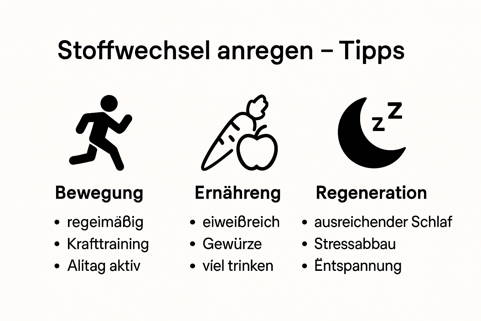 Infografik: Die besten Tipps zum Stoffwechsel anregen mit Ernährung, Bewegung und Schlaf.