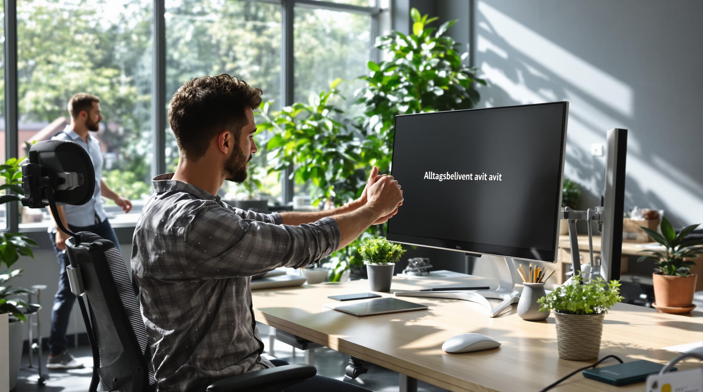 Junger Mann dehnt sich am Büro-Schreibtisch, alltägliche Aktivierung