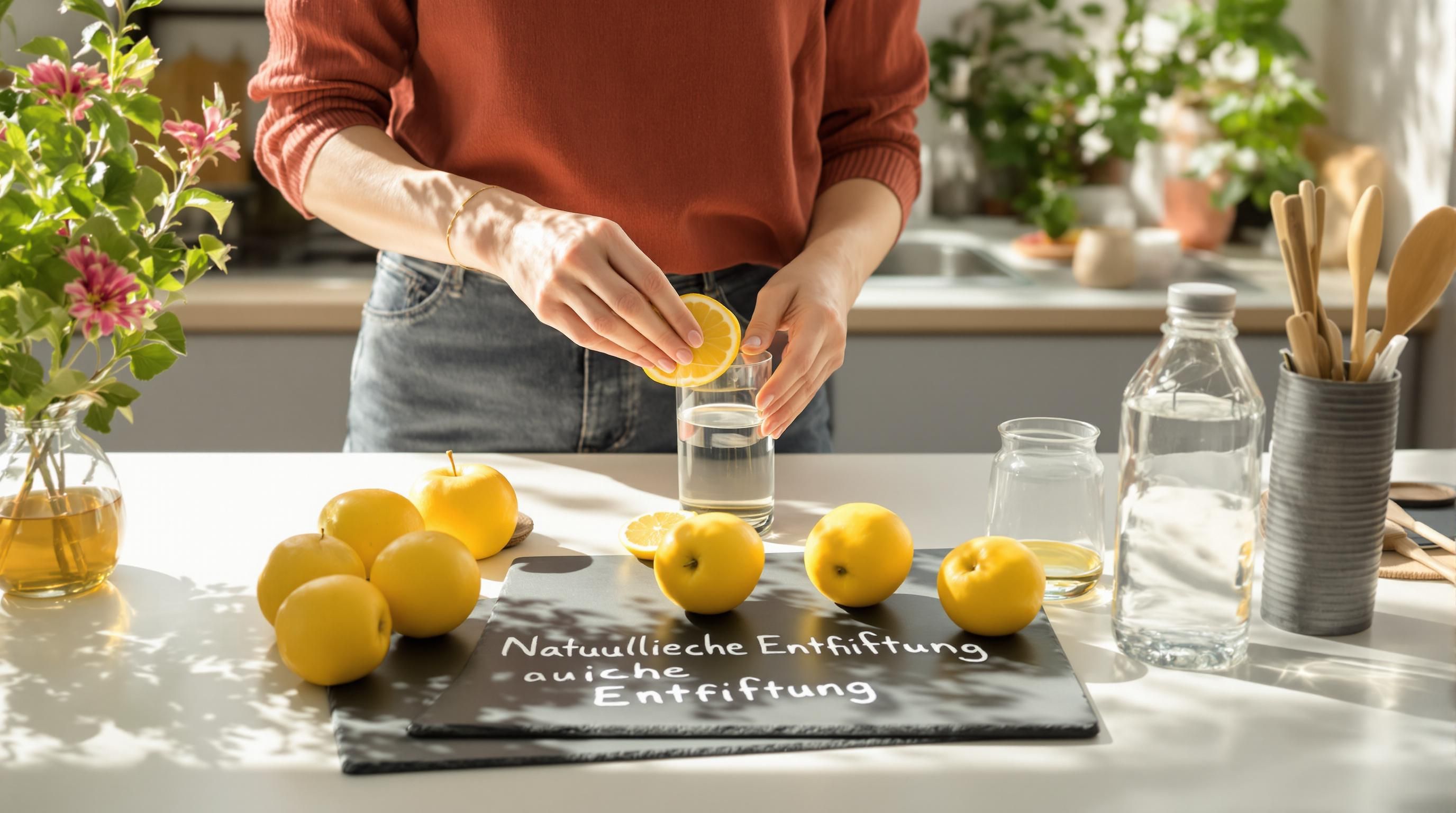 Woman prepares lemon water and apples for detox in a bright kitchen