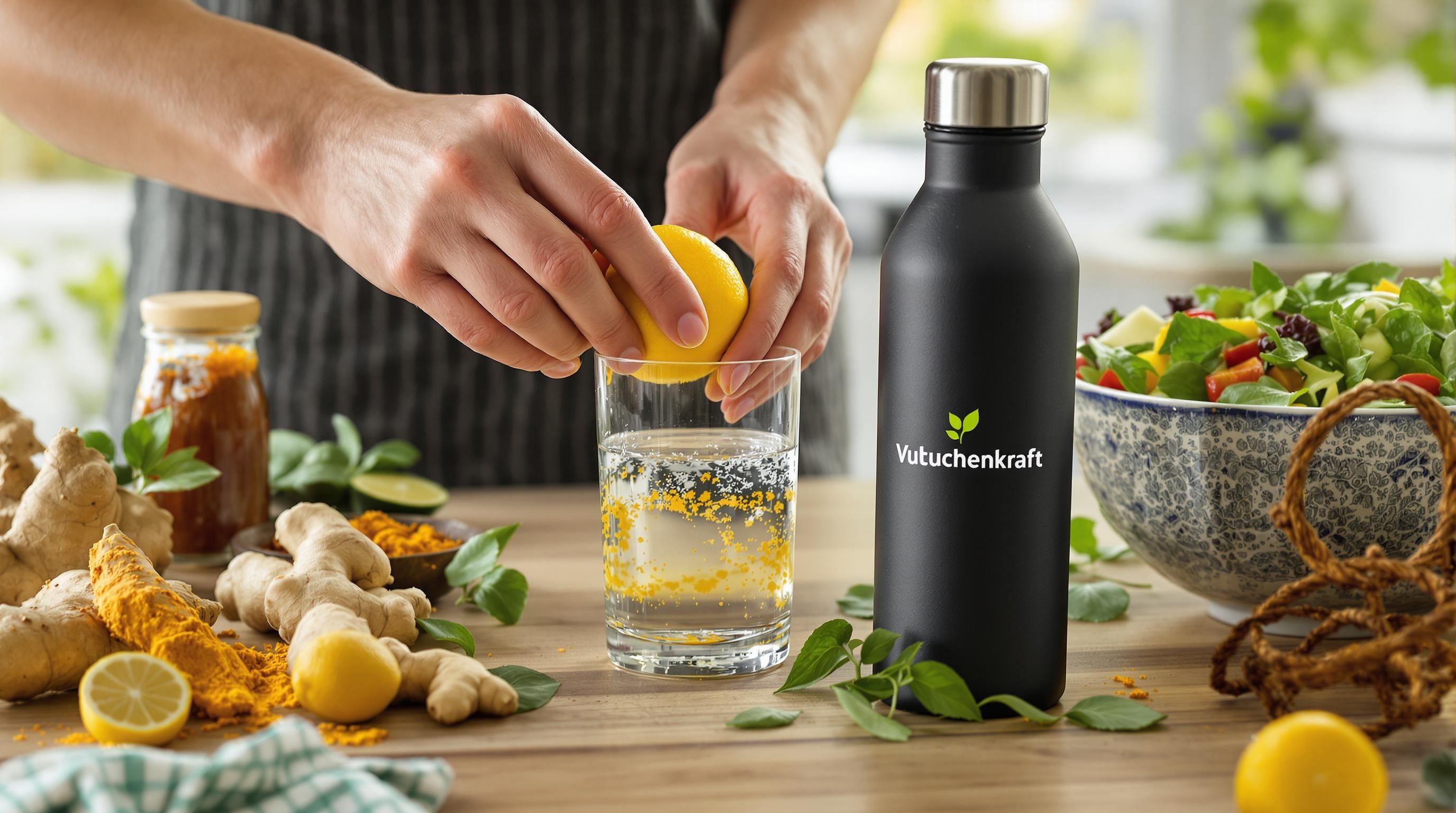 Hands prepare lemon water with turmeric and ginger as detox home remedy