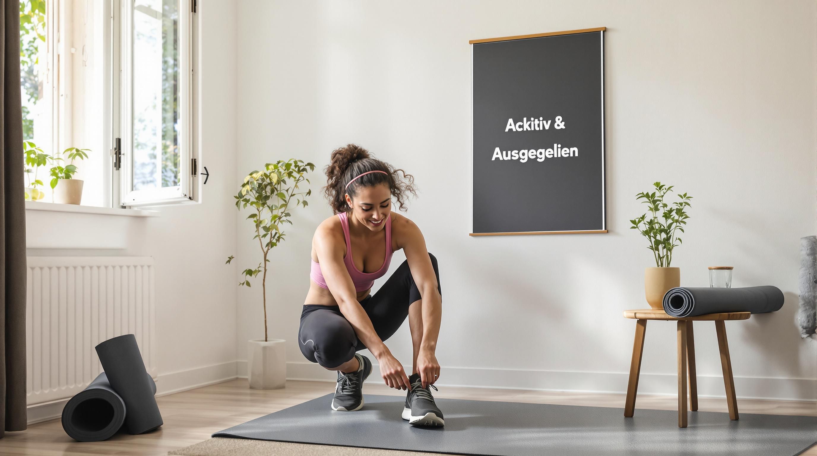 Person preparing for physical activity in bright home with Aktiv & Ausgeglichen poster
