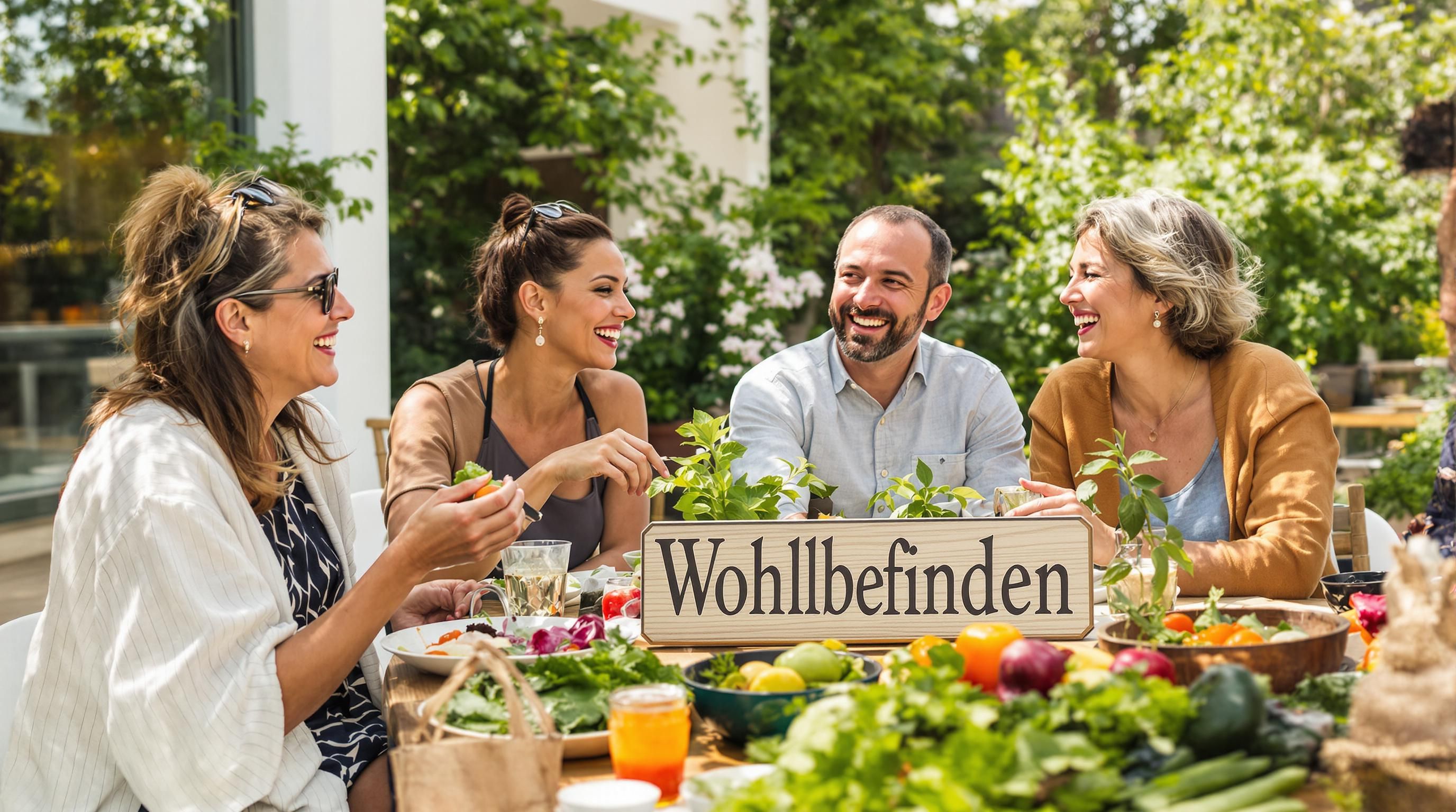 People sharing healthy plant-based meal outdoors under Wohlbefinden sign