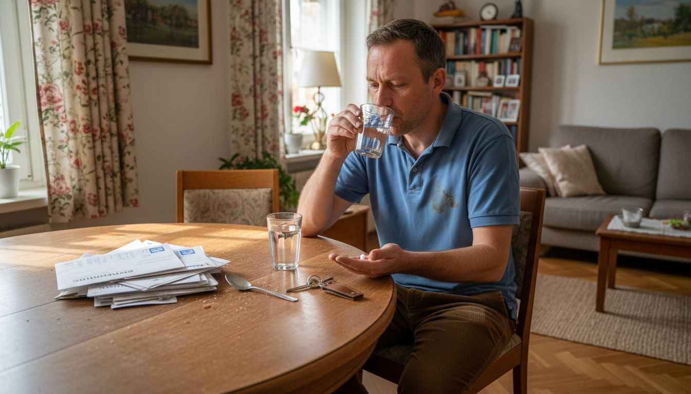 Ein Mann nimmt am Wohnzimmertisch seine Nahrungsergänzungsmittel ein.