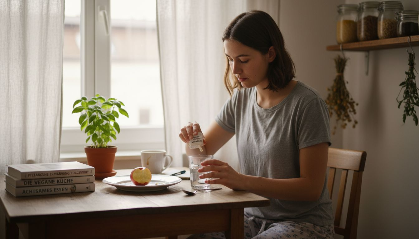 Eine vegan lebende Frau stellt ihre tägliche Vitaminversorgung zusammen.