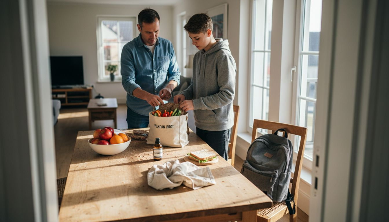 Vater und Sohn bereiten gemeinsam ein gesundes Pausenbrot zu und packen dabei auch ein Fläschchen mit Vitaminen ein.