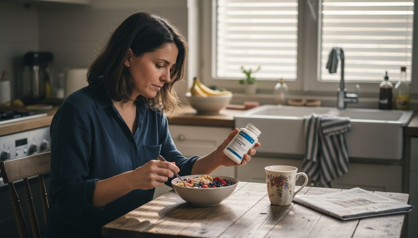 Eine Frau bereitet ein veganes Frühstück zu und achtet dabei darauf, ihre Ernährung mit einem Vitamin-B-Präparat zu ergänzen.