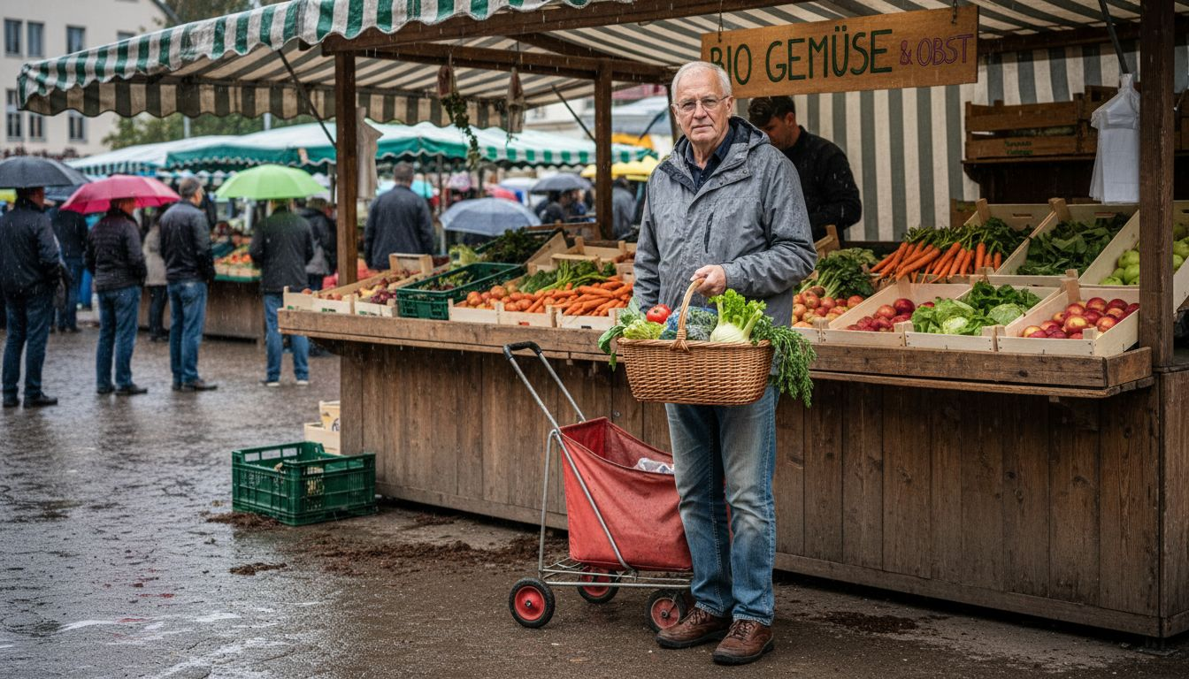 Ein Mann deckt sich auf dem Wochenmarkt mit frischem Bio-Gemüse ein.