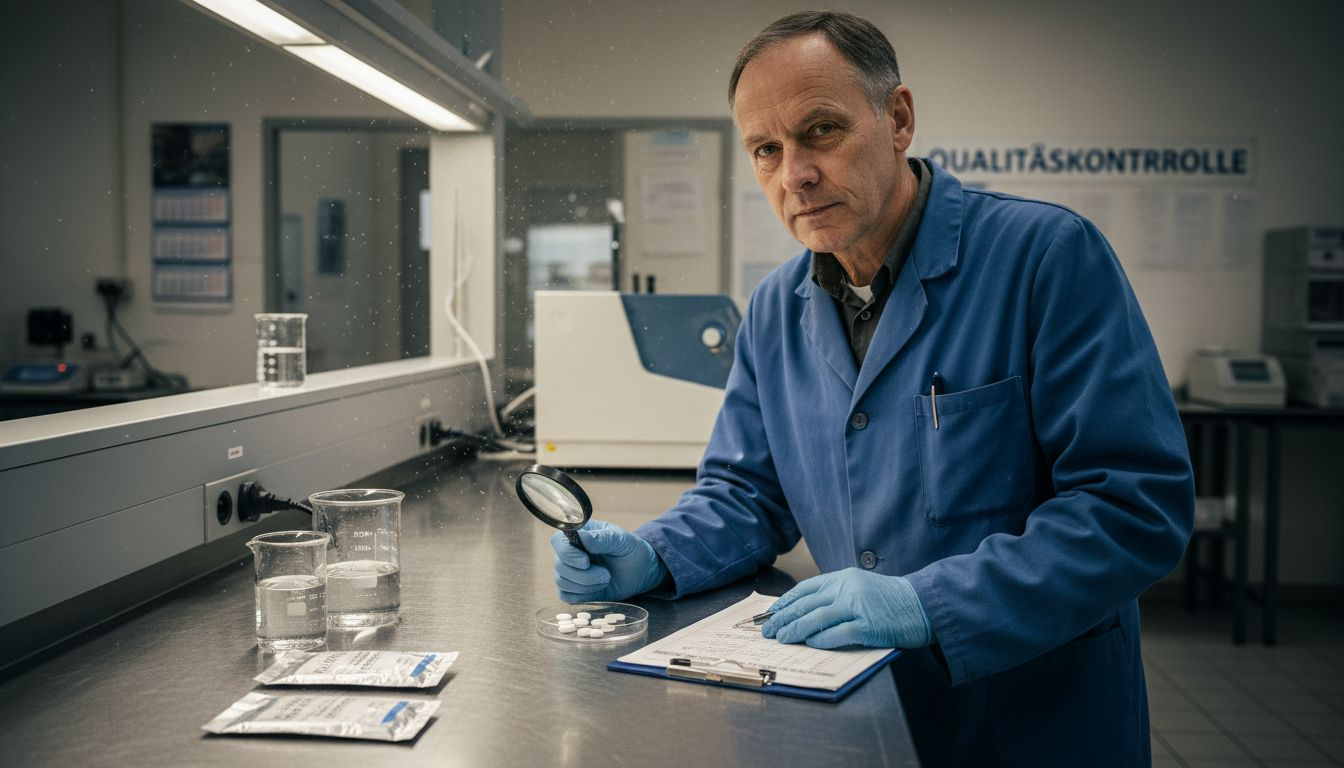Eine Laborantin überprüft Vitamin-Bio-Tabletten auf ihre Qualität.