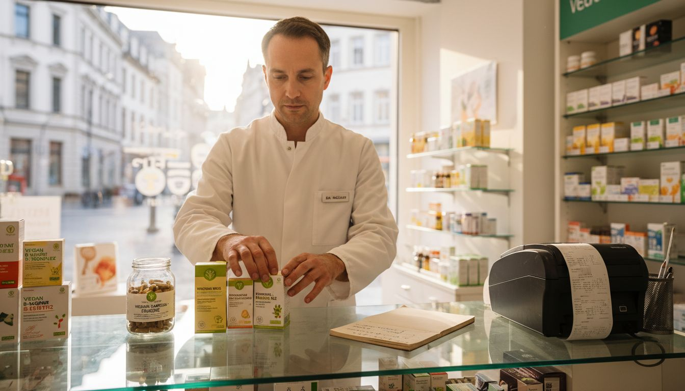 Eine Apothekerin stellt vegane Vitamin-B-Präparate übersichtlich ins Regal.