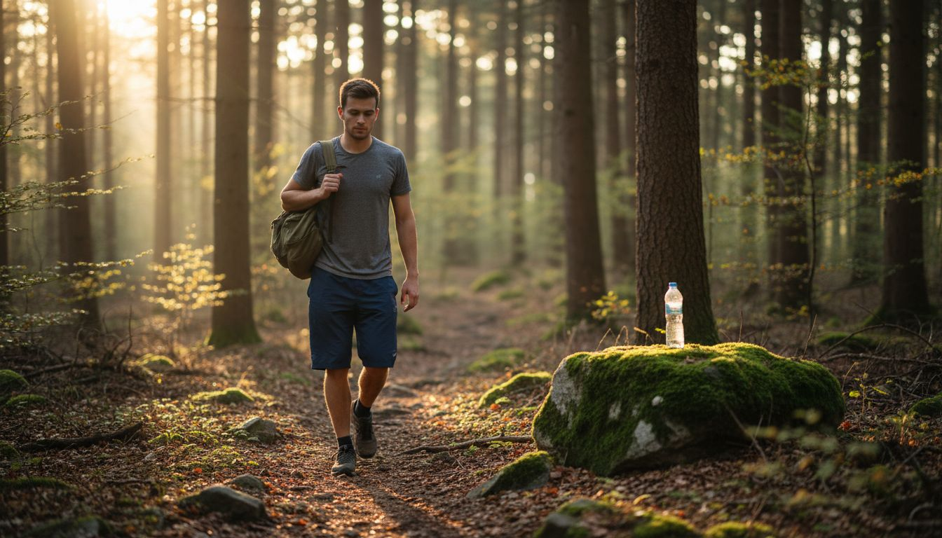Ein Mann genießt am frühen Morgen einen Spaziergang durch den sonnendurchfluteten Wald.