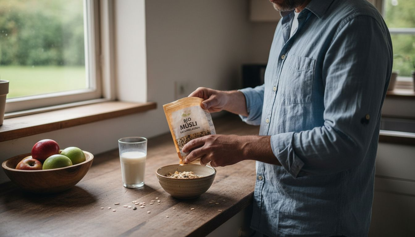 Ein Mann bereitet in seiner schlichten Küche ein frisches Bio-Müsli zu.
