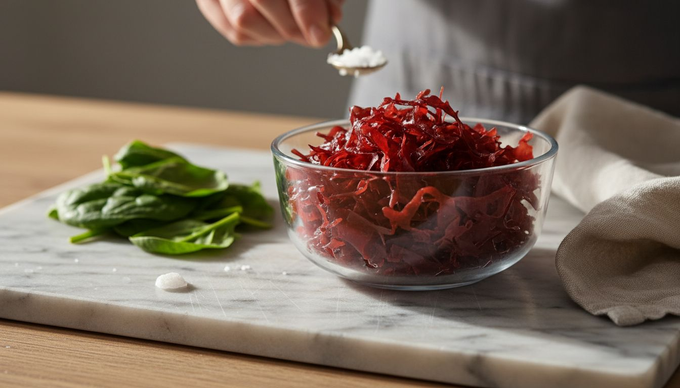 Detailaufnahme von Dulse-Flocken auf einer Marmorplatte