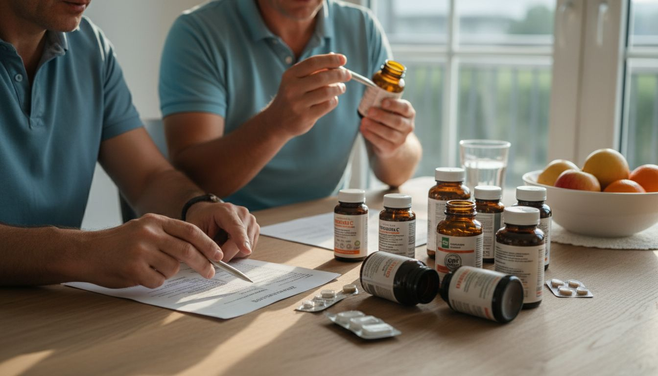 Männer informieren sich und vergleichen verschiedene Vitaminpräparate, um das für sie passende Produkt zu finden.