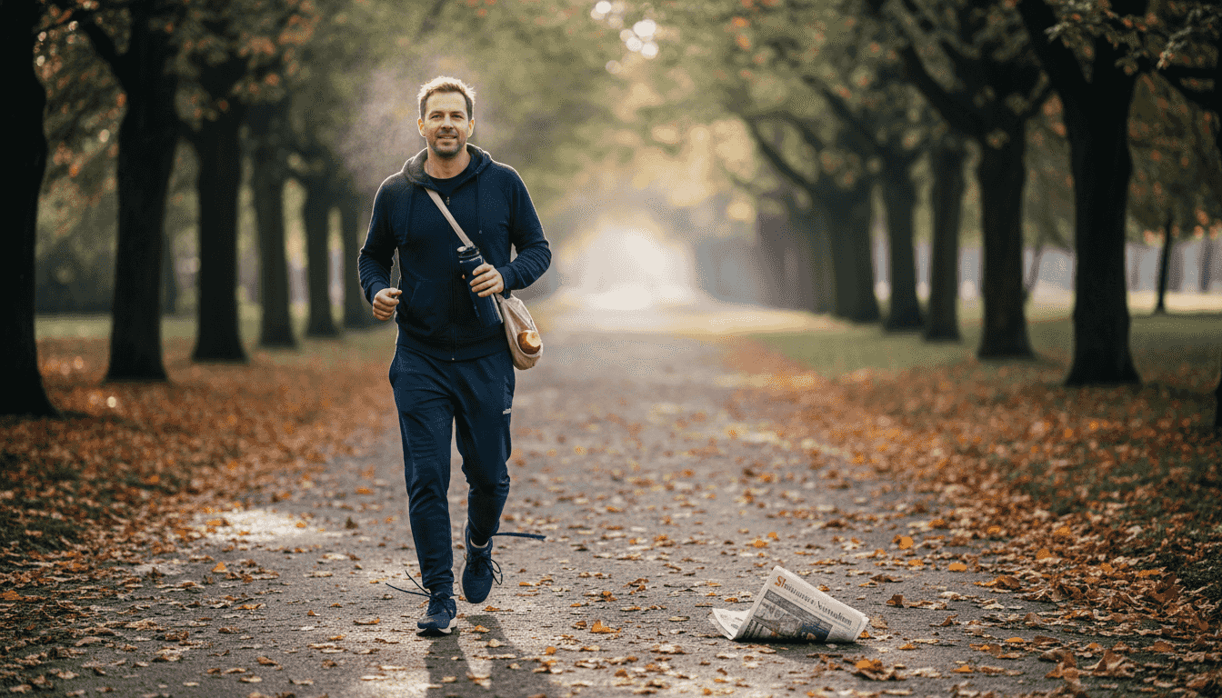 Ein Mann geht spazieren, um sich auf natürliche Weise neue Energie für den Tag zu holen.