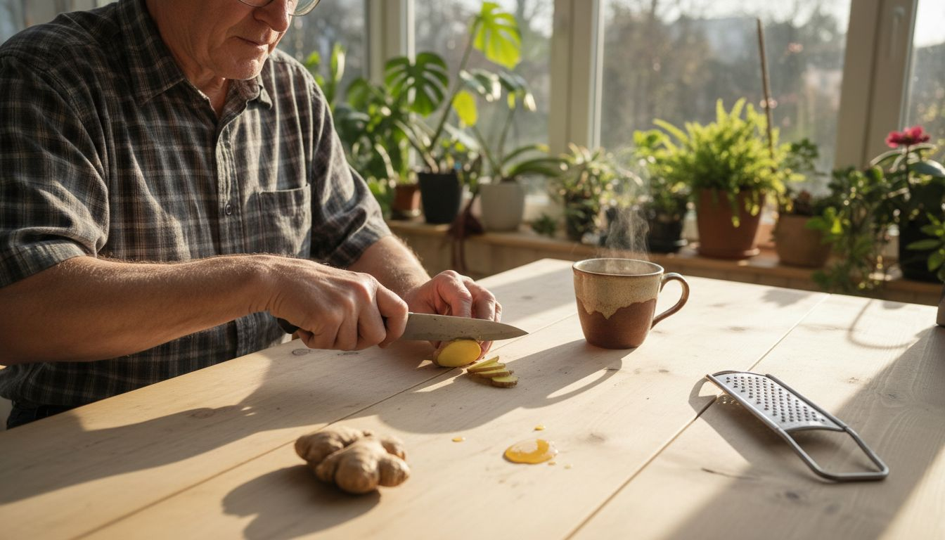 Ein Mann schneidet frischen Ingwer klein, um sich einen Tee zuzubereiten.