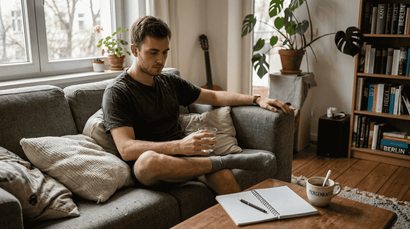Ein junger Mann sitzt entspannt auf dem Sofa und macht sich Gedanken über seine Gesundheit.