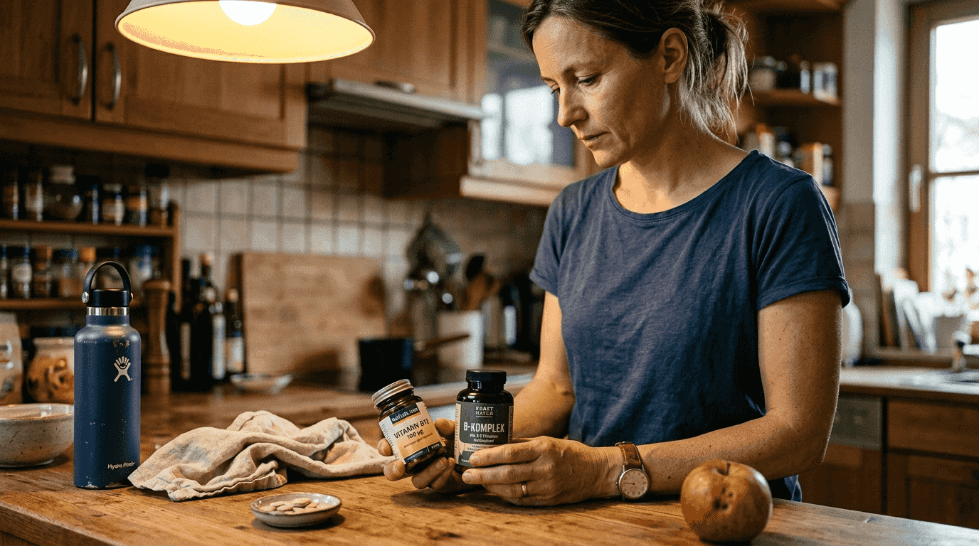 In ihrer Küche prüft eine Frau zwei verschiedene Vitamin-B-Präparate und vergleicht deren Eigenschaften.