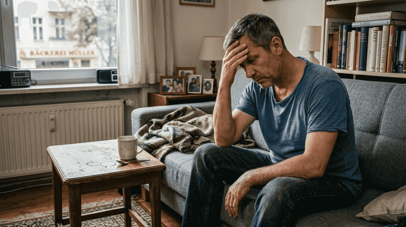 Ein erschöpfter Mann sitzt auf dem Sofa und reibt sich die Stirn.