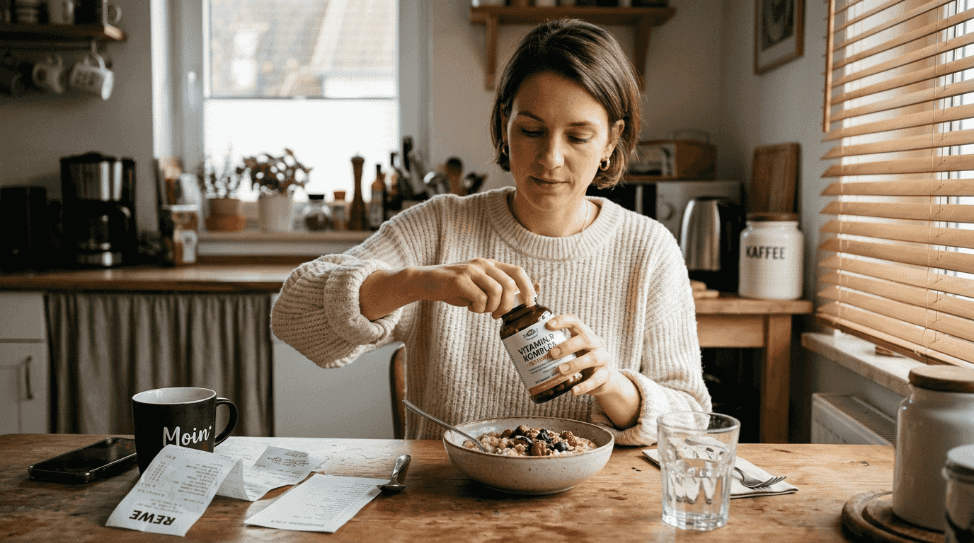 Eine Frau sitzt am Tisch und öffnet eine Packung Vitamin-B-Komplex.