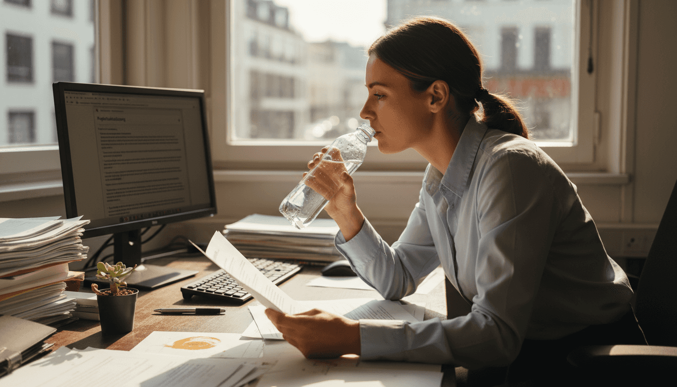 Eine Frau sitzt an ihrem überladenen Schreibtisch und nimmt einen Schluck Wasser.
