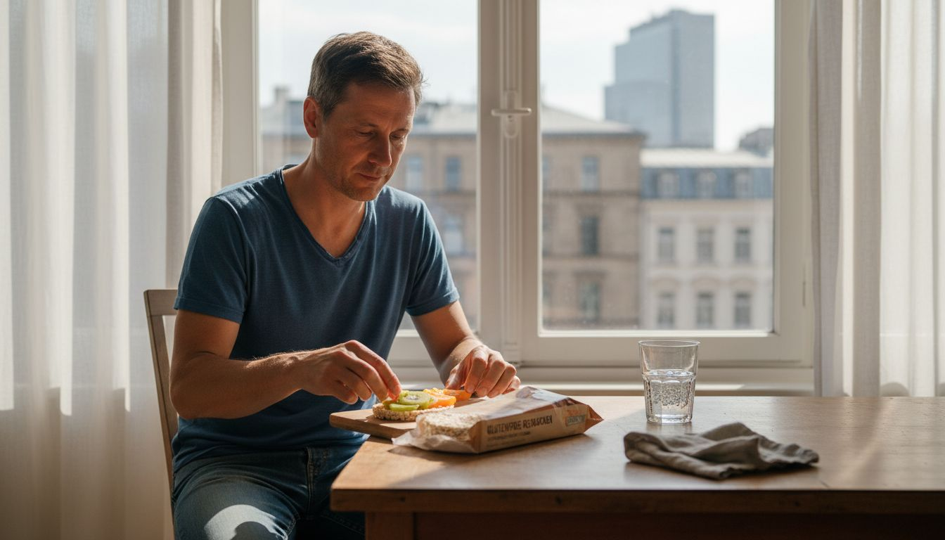 Ein Mann bereitet ein gesundes, glutenfreies Frühstück zu.