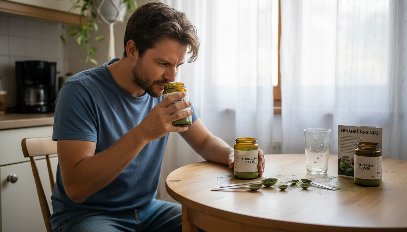 Ein Mann hält zwei Dosen in der Hand und vergleicht Spirulina- mit Chlorella-Pulver.