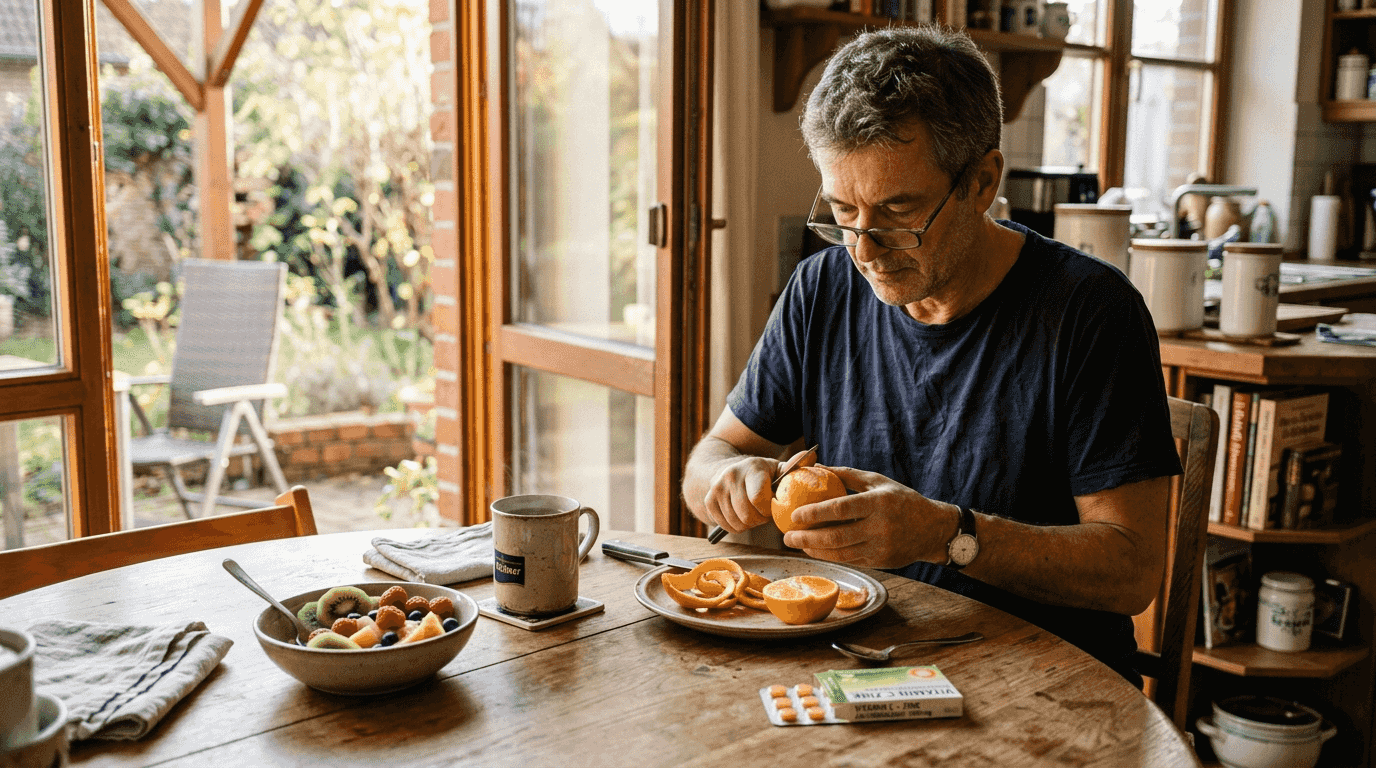 Ein Mann schält eine Orange und genießt dabei eine Auswahl an vitaminreichen Früchten.