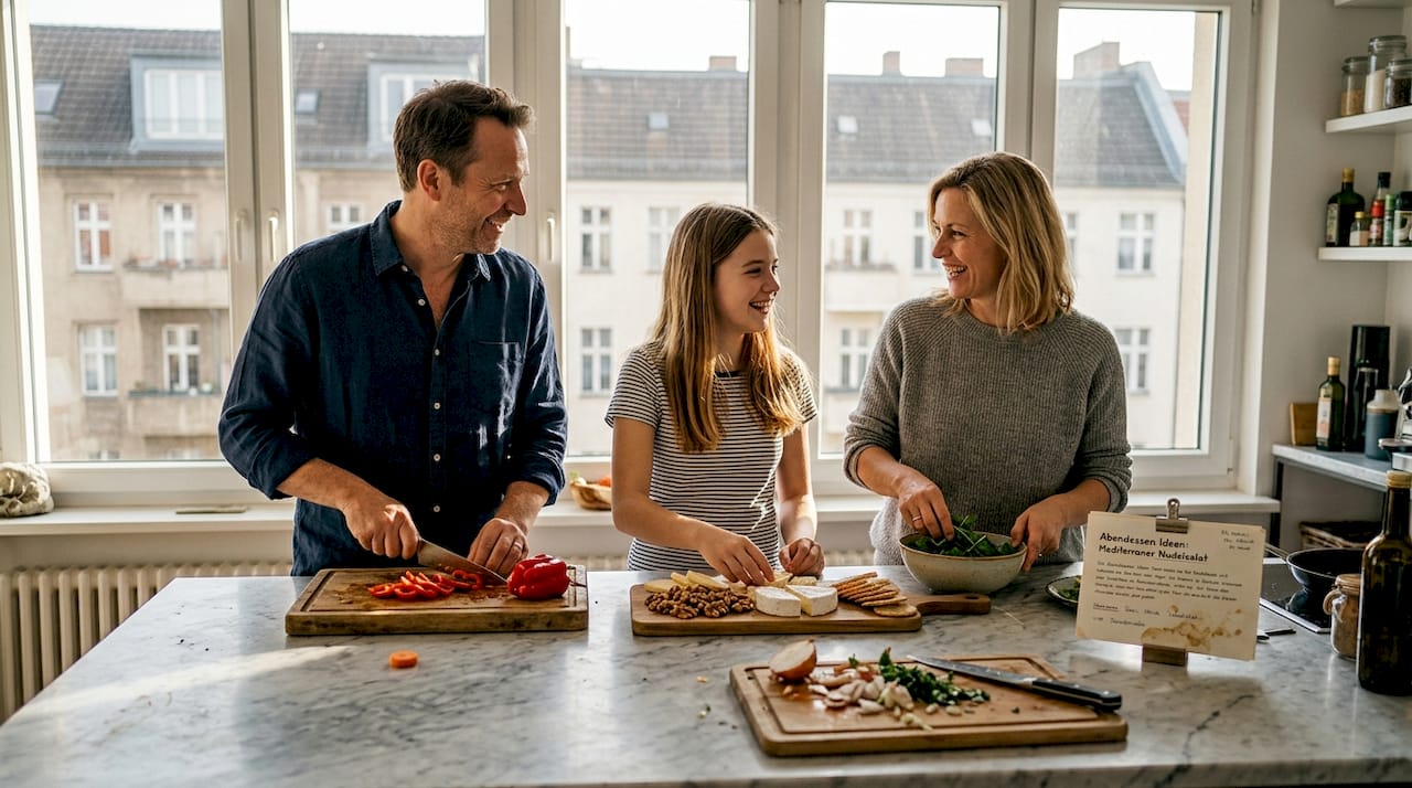 Eine Familie bereitet gemeinsam frische Mahlzeiten in einer hellen, freundlichen Küche zu.