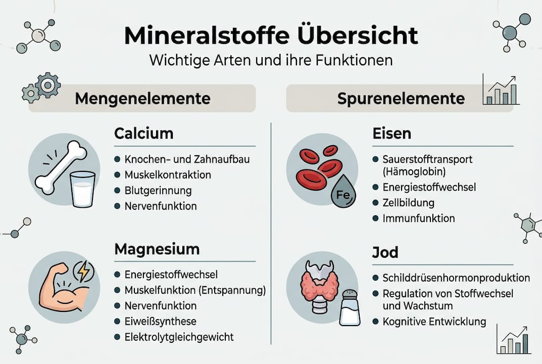 Die Infografik gibt einen Überblick über verschiedene Mineralstoffe und deren Funktionen im Körper.