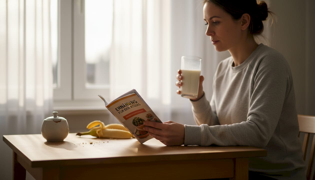 Eine Frau vertieft sich in einen Ernährungsratgeber und hat dabei ein Glas Milch neben sich stehen.