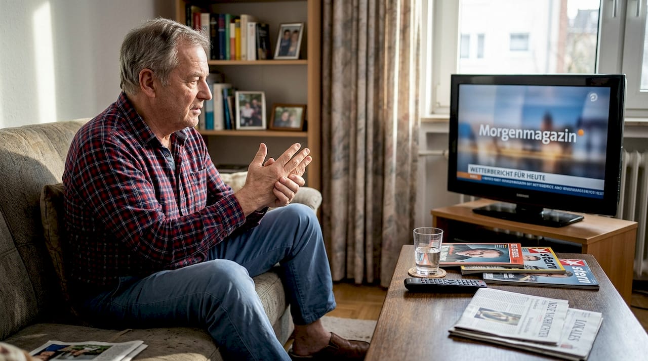 Ein älterer Herr sitzt im Wohnzimmer und massiert sich vorsichtig die Hände.