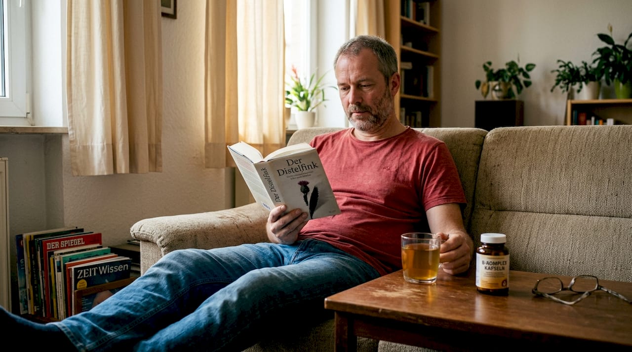 Ein Mann sitzt vertieft in seinem Buch, während neben ihm eine Packung Vitamin-B-Präparate liegt.