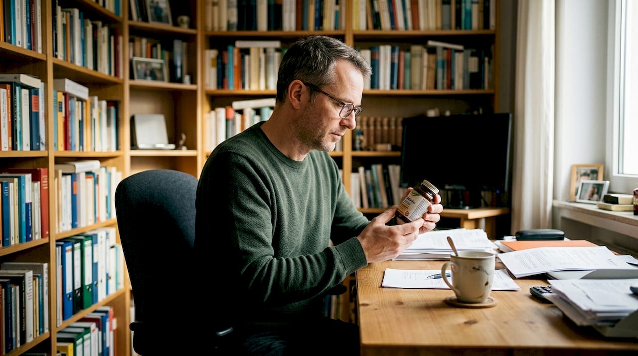 Ein Mann sitzt im Homeoffice und studiert aufmerksam das Etikett eines Vitamin-B-Präparats.