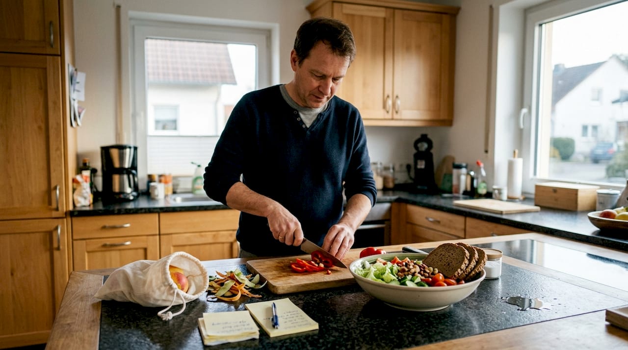 Ein Mann bereitet auf dem Küchentisch frische, vitaminreiche Zutaten für eine gesunde Mahlzeit vor.