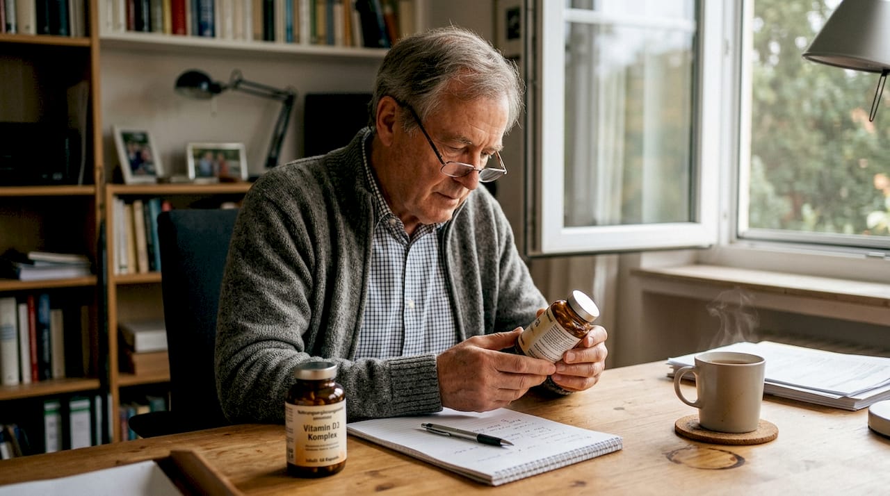 Ein älterer Herr prüft aufmerksam verschiedene Vitaminpräparate und liest die Inhaltsstoffe auf den Verpackungen.