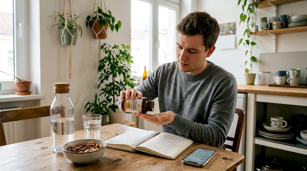 Ein Mann nimmt am Küchentisch sein veganes Nahrungsergänzungsmittel ein.