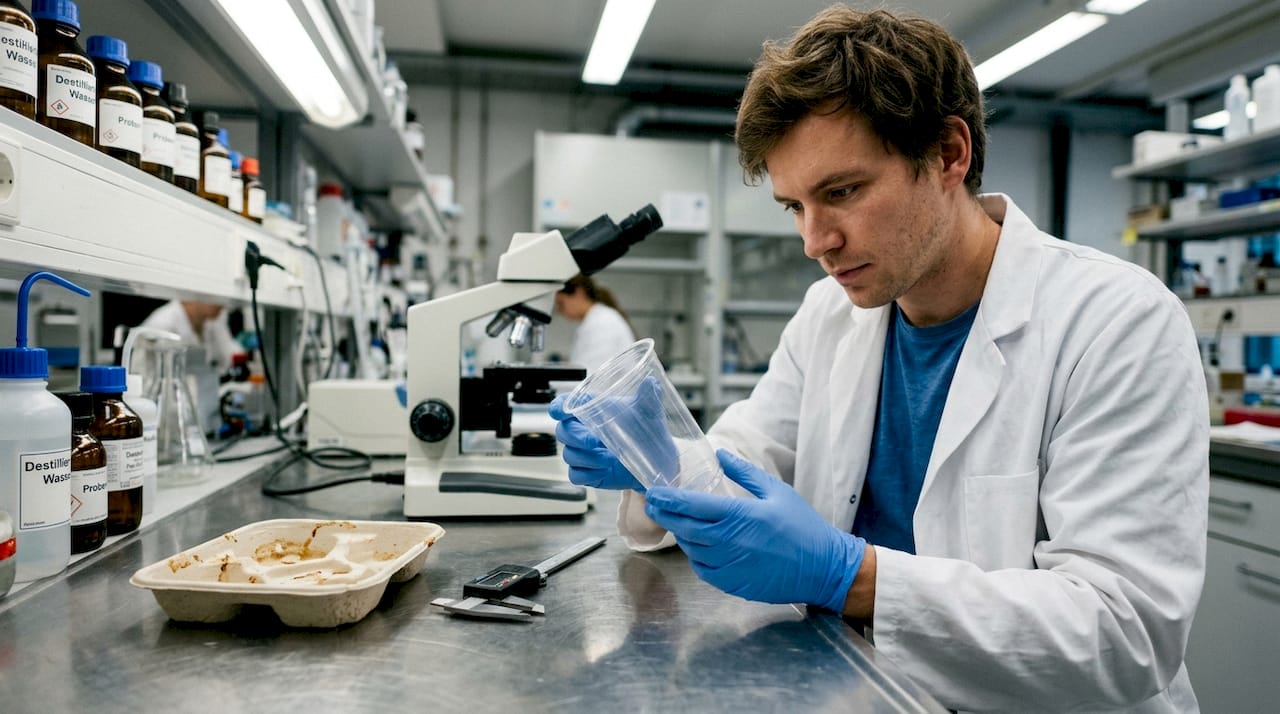 Im Labor prüft eine Fachkraft die Eigenschaften eines kompostierbaren Plastikbechers.