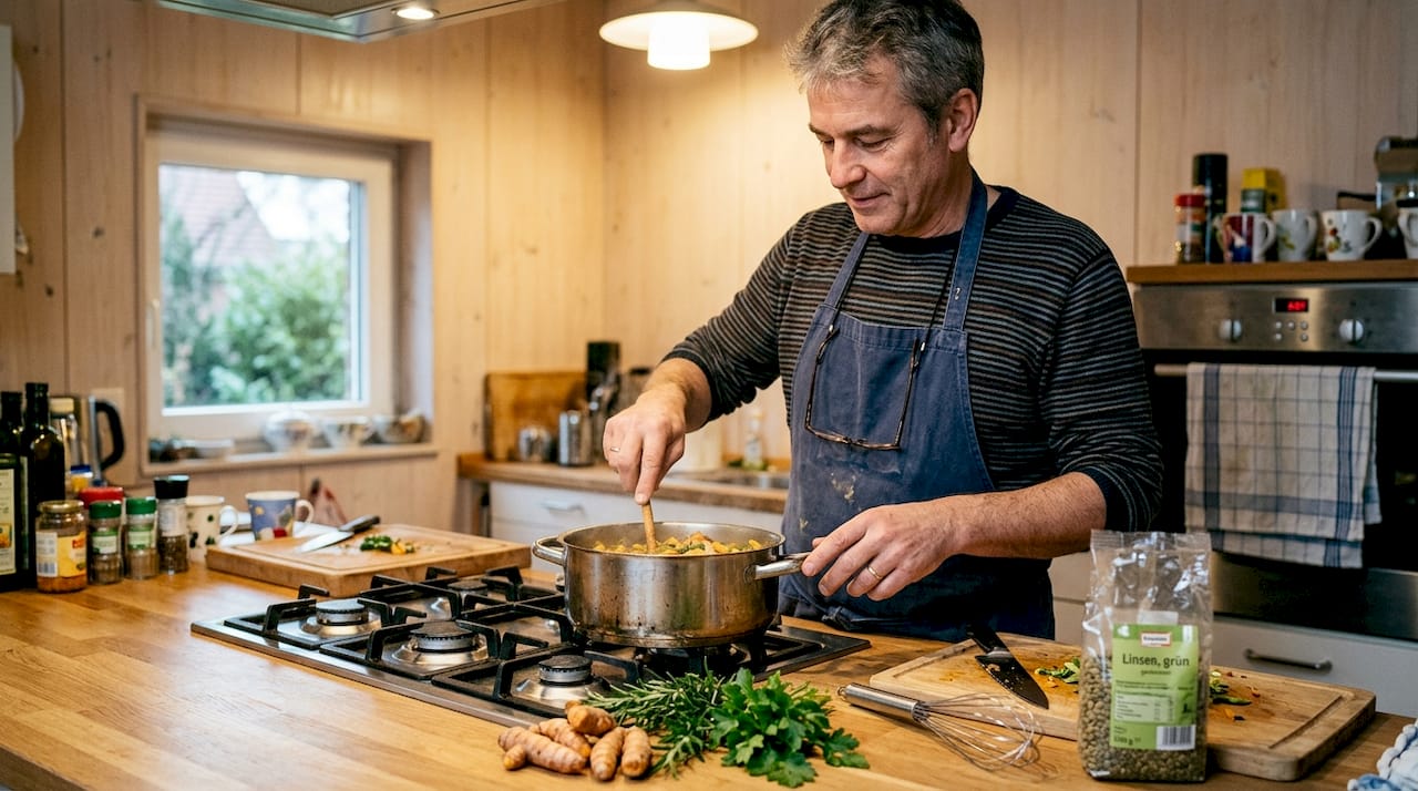 Ein Mann setzt beim Kochen gezielt frische Kräuter ein, um von deren antioxidativen Eigenschaften zu profitieren.