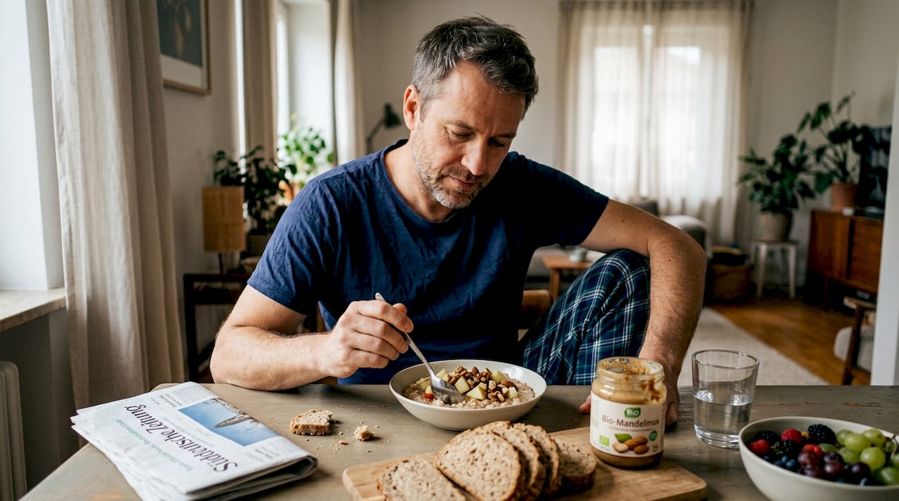 Ein Mann genießt sein ausgewogenes, selbst zubereitetes Frühstück.