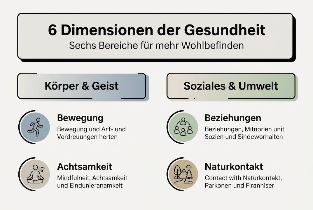 Diese Infografik veranschaulicht die sechs Bereiche, die unser Wohlbefinden maßgeblich beeinflussen.