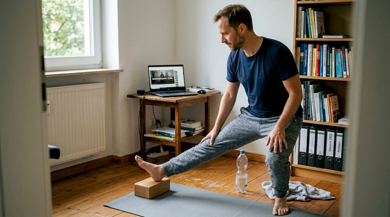 Ein Mann genießt zuhause eine entspannte Yoga-Session und meditiert, um Körper und Geist zur Ruhe zu bringen.