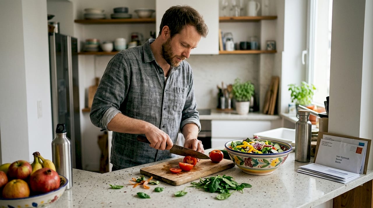 Ein Mann kocht in seiner Alltagsküche eine gesunde Mahlzeit.