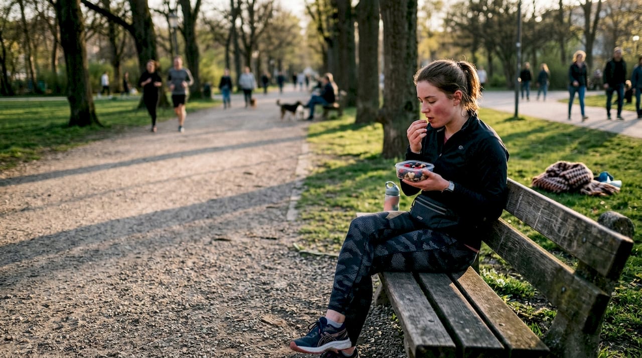 Nach dem Training im Park gönnt sich eine Frau einen gesunden Snack.